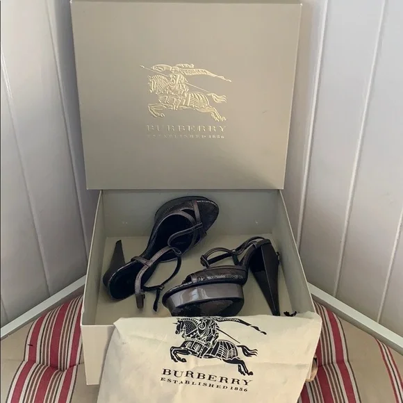 Burberry Leather T-Strap Stilettos in Dark Nickel